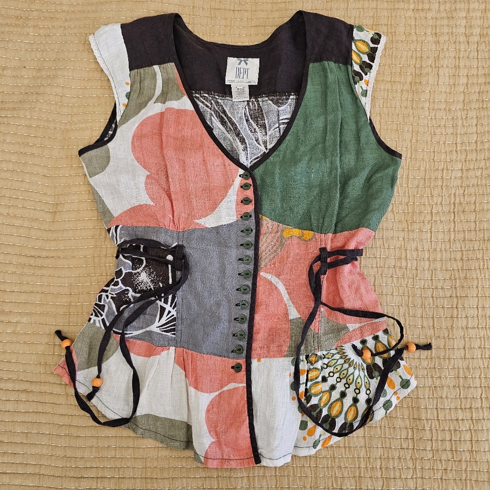 Dept Linen Boho Cottagecore Artsy Tank Top With Peplum Belt - Picture 2 of 10